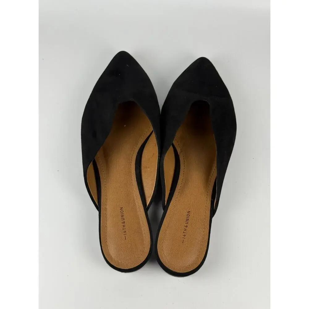 14th & Union Womens Black Faux Suede Pointed Toe V-Cut Vamp Mules Size 10M